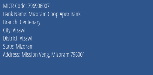 Mizoram Coop Apex Bank Centenary MICR Code