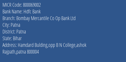 Bombay Mercantile Co Op Bank Ltd Ashok Rajpath MICR Code
