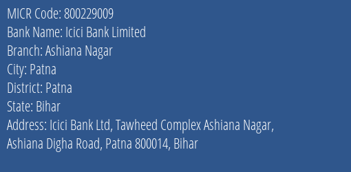 Icici Bank Ashiana Nagar Branch Address Details and MICR Code 800229009