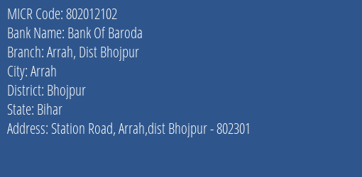 Bank Of Baroda Arrah Dist Bhojpur Branch MICR Code 802012102