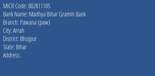 Madhya Bihar Gramin Bank Pawana Paw Branch Address Details and MICR Code 802811105