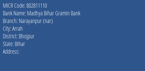 Madhya Bihar Gramin Bank Narayanpur Nar Branch Address Details and MICR Code 802811110