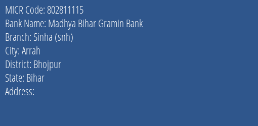 Madhya Bihar Gramin Bank Sinha Snh Branch Address Details and MICR Code 802811115