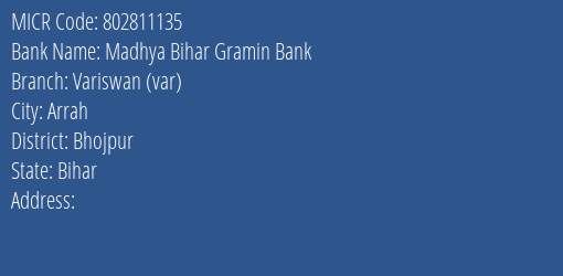 Madhya Bihar Gramin Bank Variswan Var Branch Address Details and MICR Code 802811135