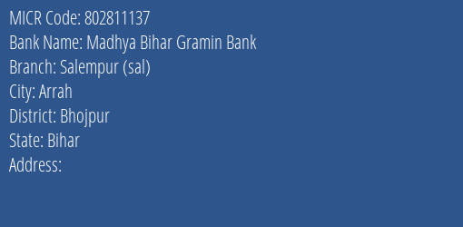 Madhya Bihar Gramin Bank Salempur Sal Branch Address Details and MICR Code 802811137