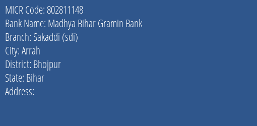 Madhya Bihar Gramin Bank Sakaddi Sdi Branch Address Details and MICR Code 802811148