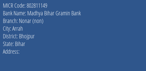 Madhya Bihar Gramin Bank Nonar Non Branch Address Details and MICR Code 802811149