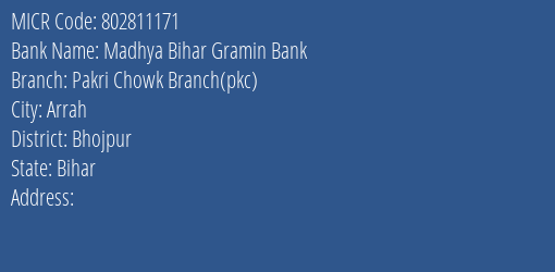 Madhya Bihar Gramin Bank Pakri Chowk Branch Pkc Branch Address Details and MICR Code 802811171