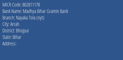 Madhya Bihar Gramin Bank Nayaka Tola Nyt Branch Address Details and MICR Code 802811178