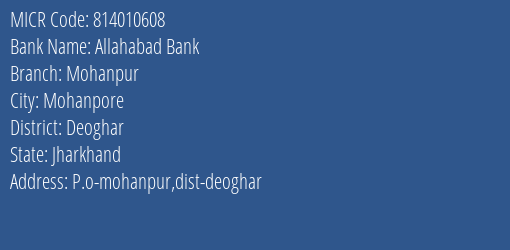 Allahabad Bank Mohanpur MICR Code