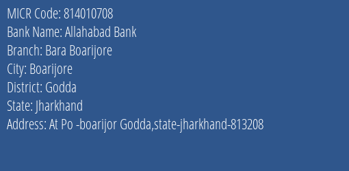 Allahabad Bank Bara Boarijore Branch Address Details and MICR Code 814010708