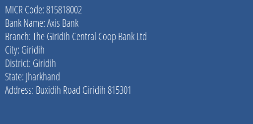 The Giridih Central Coop Bank Ltd Buxidih Road MICR Code
