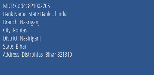 State Bank Of India Nasriganj Branch Address Details and MICR Code 821002705