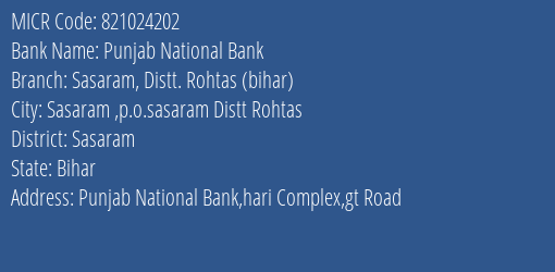 Punjab National Bank Sasaram Distt. Rohtas Bihar Branch Address Details and MICR Code 821024202