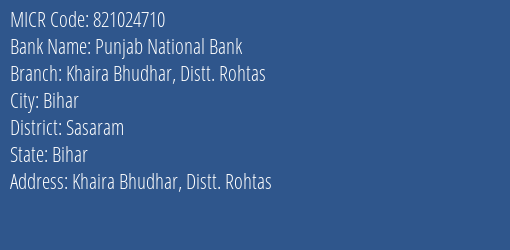 Punjab National Bank Khaira Bhudhar Distt. Rohtas Branch Address Details and MICR Code 821024710