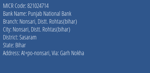 Punjab National Bank Nonsari Distt. Rohtas Bihar Branch Address Details and MICR Code 821024714