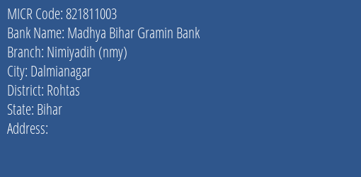 Madhya Bihar Gramin Bank Nimiyadih Nmy MICR Code
