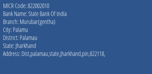 State Bank Of India Murubar Gentha MICR Code