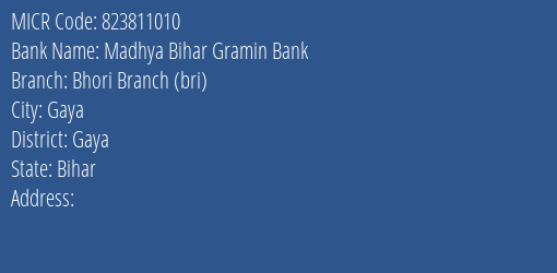 Madhya Bihar Gramin Bank Bhori Branch Bri MICR Code