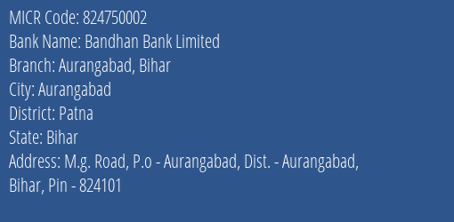Bandhan Bank Limited Aurangabad Bihar MICR Code
