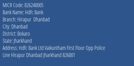 Hdfc Bank Hirapur Dhanbad MICR Code