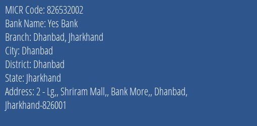 Yes Bank Dhanbad Jharkhand MICR Code