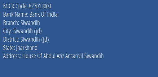 Bank Of India Siwandih MICR Code