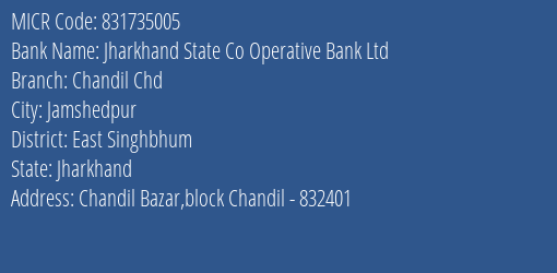 Jharkhand State Co Operative Bank Ltd Chandil Chd MICR Code