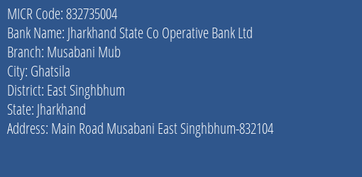 Jharkhand State Co Operative Bank Ltd Musabani Mub MICR Code