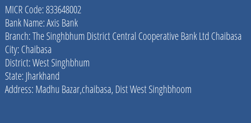 The Singhbhum District Central Cooperative Bank Ltd Chaibasa Madhu Bazar MICR Code