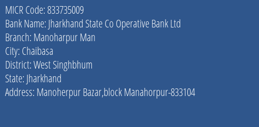 Jharkhand State Co Operative Bank Ltd Manoharpur Man MICR Code
