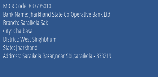 Jharkhand State Co Operative Bank Ltd Saraikela Sak MICR Code