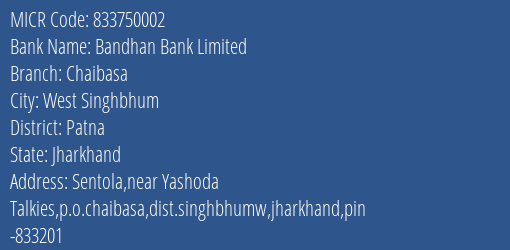 Bandhan Bank Limited Chaibasa MICR Code