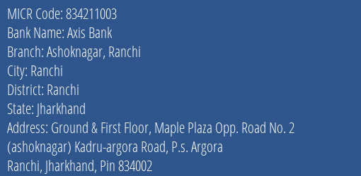 Axis Bank Ashoknagar Ranchi MICR Code