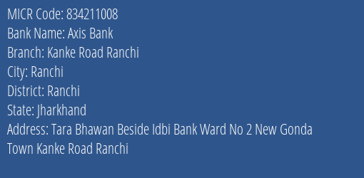 Axis Bank Kanke Road Ranchi MICR Code