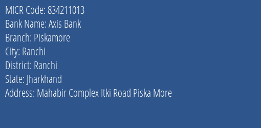 Axis Bank Piskamore MICR Code