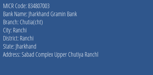 Jharkhand Gramin Bank Chutia Cht Branch Address Details and MICR Code 834807003