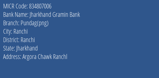 Jharkhand Gramin Bank Pundag(png) Branch Address Details and MICR Code 834807006