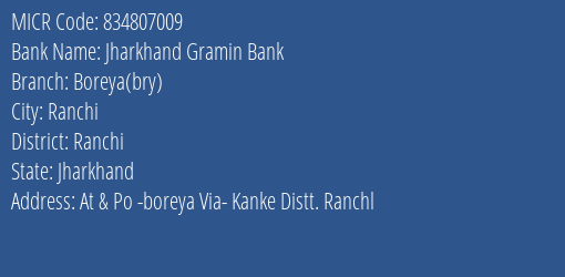 Jharkhand Gramin Bank Boreya Bry Branch Address Details and MICR Code 834807009