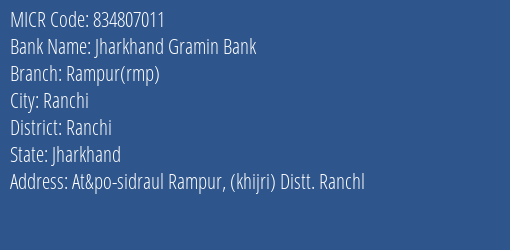 Jharkhand Gramin Bank Rampur Rmp MICR Code