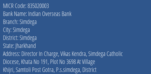 Indian Overseas Bank Simdega MICR Code
