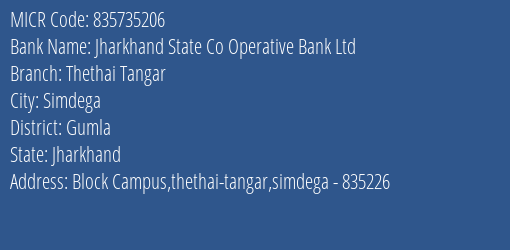 Jharkhand State Co Operative Bank Ltd Thethai Tangar MICR Code