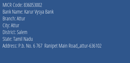 Karur Vysya Bank Attur MICR Code