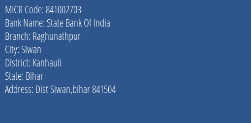 State Bank Of India Raghunathpur MICR Code