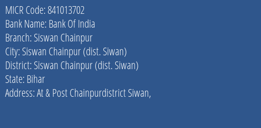 Bank Of India Siswan Chainpur MICR Code