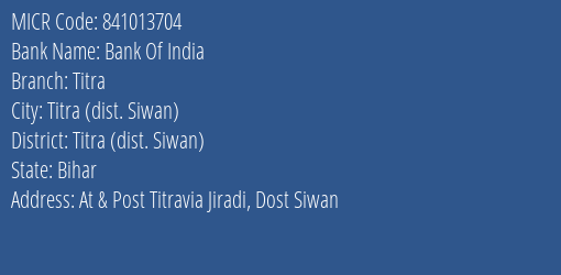 Bank Of India Titra MICR Code