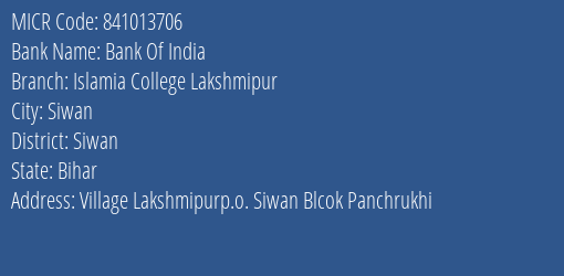 Bank Of India Islamia College Lakshmipur MICR Code