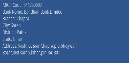 Bandhan Bank Limited Chapra MICR Code