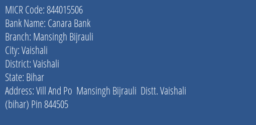 Canara Bank Mansingh Bijrauli MICR Code