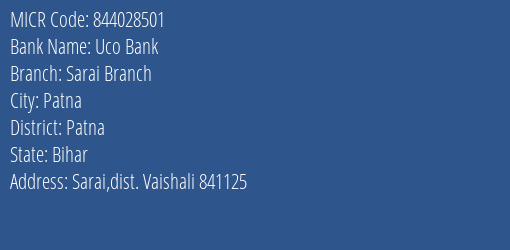 Uco Bank Sarai Branch MICR Code